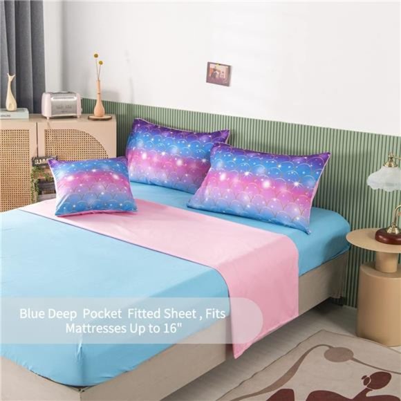 6Pcs Teal Pink Sparkle Mermaid Comforter Sets Twin Size,3D Rainbow Glitter Girls - Picture 3 of 6